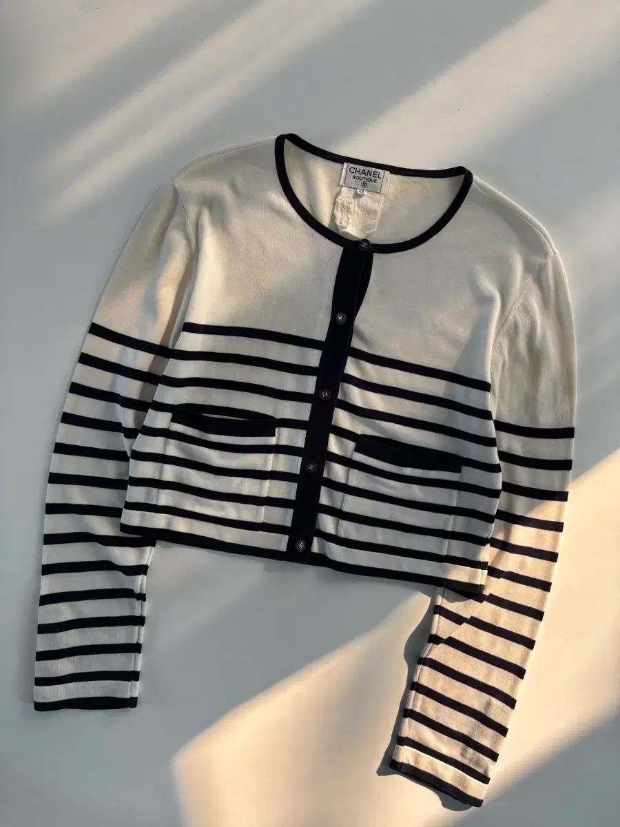シャネル CHANEL 90s アイボリー ストライプ ニット カーディガン