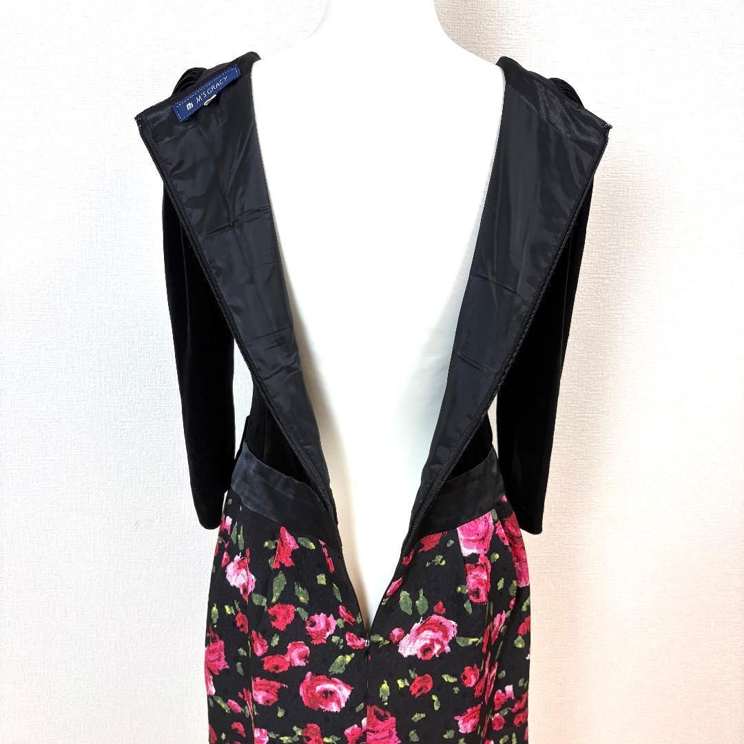  M S GRACY 長袖ドッキングワンピース ベロア 花柄 38 長袖 七分袖 ひざ丈ワンピース