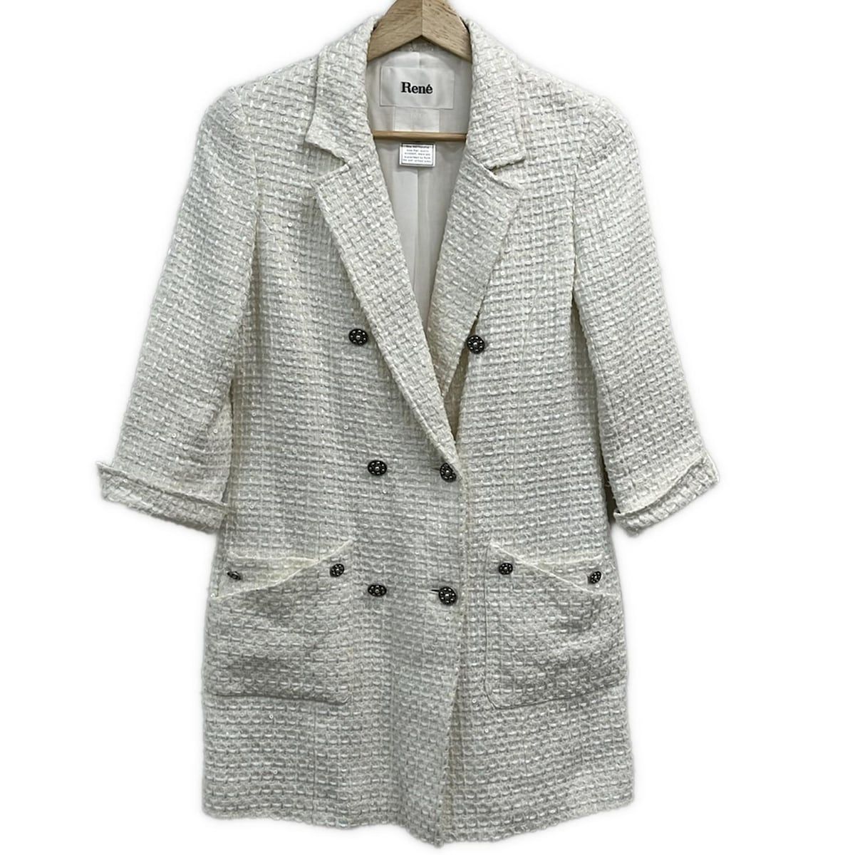 Rene ルネ コート サイズ36 S レディース 白 アイボリー 七分袖 ツイード スパンコール 秋 冬