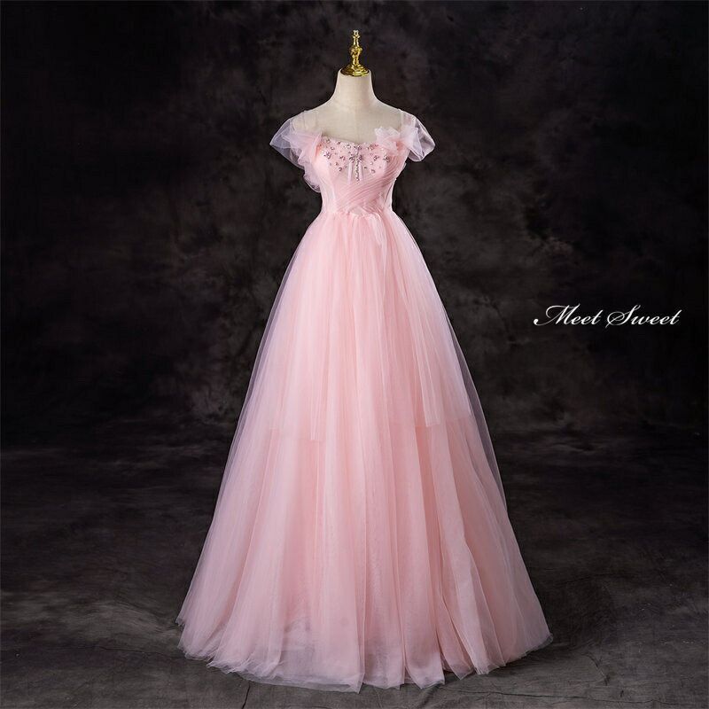 カラードレス ドレス ピンク オフショルダー チュール ウェディングドレス ロングドレス 編み上げ 結婚式 二次会 花嫁 発表会 大人 コンクール ステージ衣装 プリンセスライン Aライン 大きいサイズ パーティードレス ステージドレス ウエディングドレス