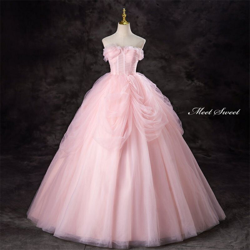 ドレス ピンク ベアトップ チュール ウェディングドレス ロングドレス 編み上げ 結婚式 二次会 花嫁 演奏会 発表会 大人 コンクール ステージ衣装 プリンセスライン 姫系 Aライン 大きいサイズ パーティードレス ステージドレス ウエディングドレス