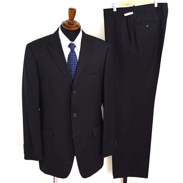 HUGO BOSS 3つボタン シングルスーツ XL A 9 ブラック ストライプ ノータック 袖口4つ釦 開き見せ 33537 030 合物 春秋 5 056 メンズビジネス 202512