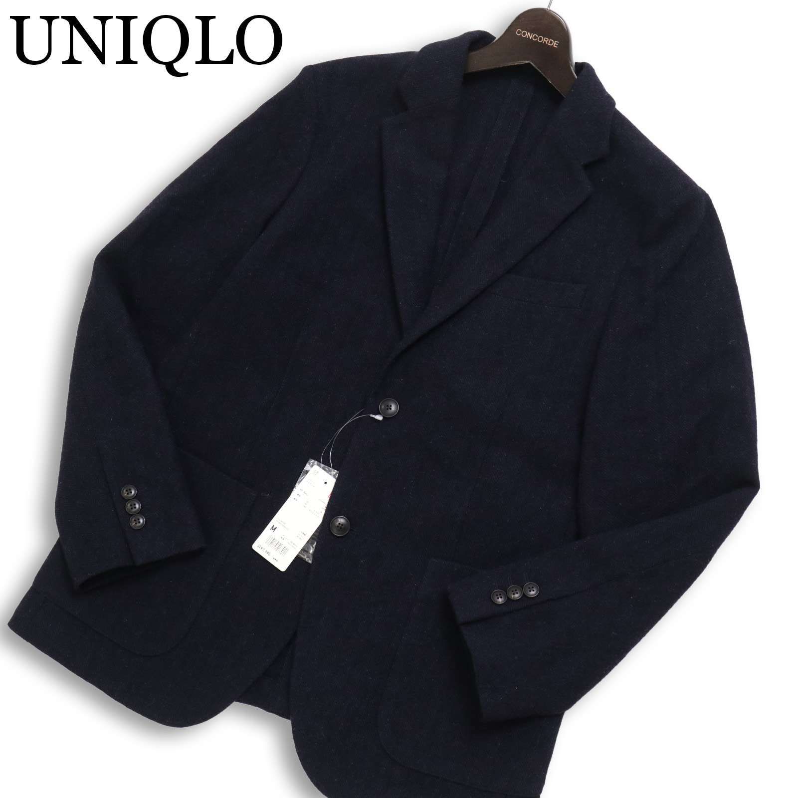 【新品 未使用】 UNIQLO ユニクロ 秋冬 ヘリンボーン★ ウール ツイード テーラード ジャケット Sz.M　メンズ ネイビー