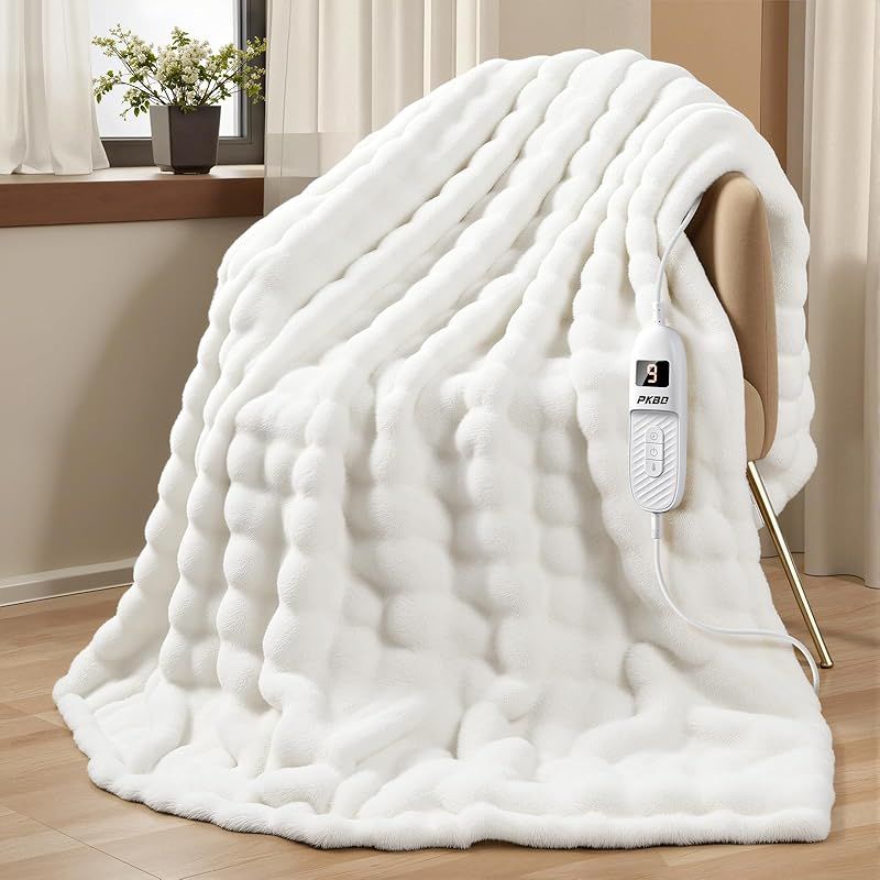 PKBD 電気毛布 敷き 掛け兼用 節電 表面兎毛調 裏面フランネル シルクタッチ 188 130 cm 9段階温度調整 1 9 Hタイマー付き 電気毛布洗える 速暖 恒温加熱 自動オフ 防寒対策 暖房器具 過熱保護 PSE認証済み ホワイト 0