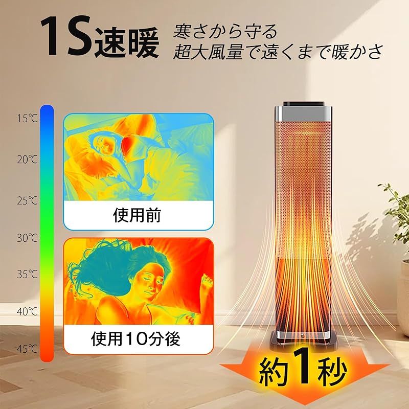 セラミックヒーター タワー型【2026新登場・3D水蒸気LED暖炉】【1秒速