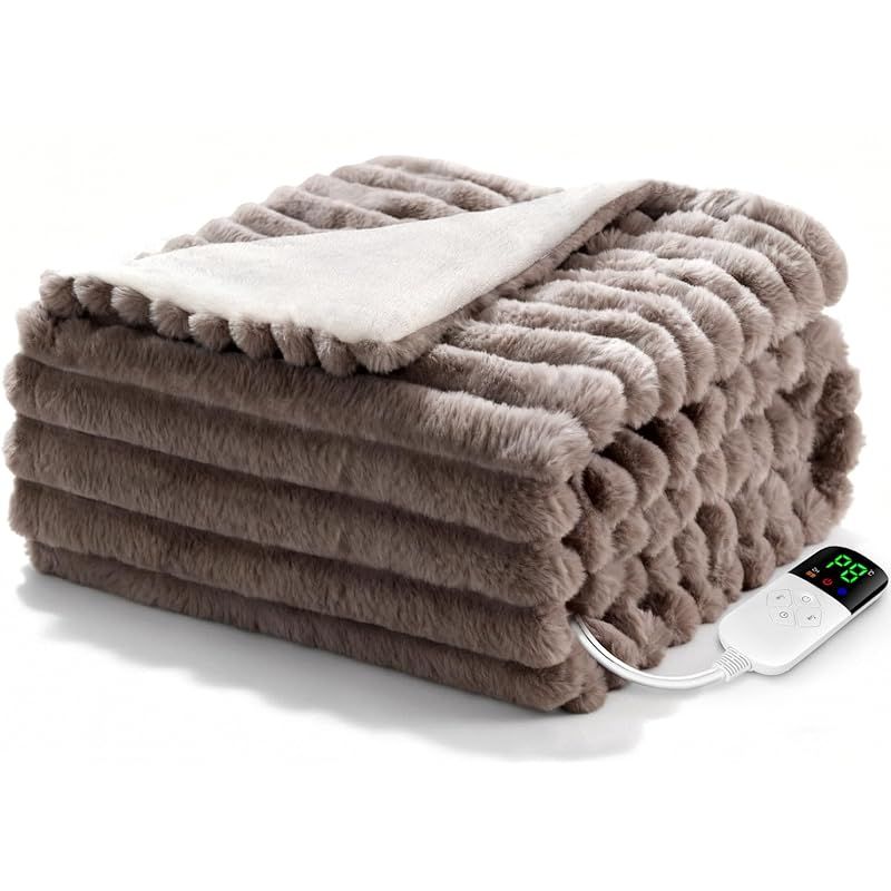 電気毛布 掛け敷き兼用 188 130 cm 上の肌触り＆ラビットファー調 フランネル 電気ブランケット 電気ひざ掛け 3分速暖 恒温加熱 8段階温度調整 4段階切タイマー ダニ退治 厚手生地 ふわふわ 柔らかく 暖房器具 省エネ 自動電源オフ 過熱保護 0