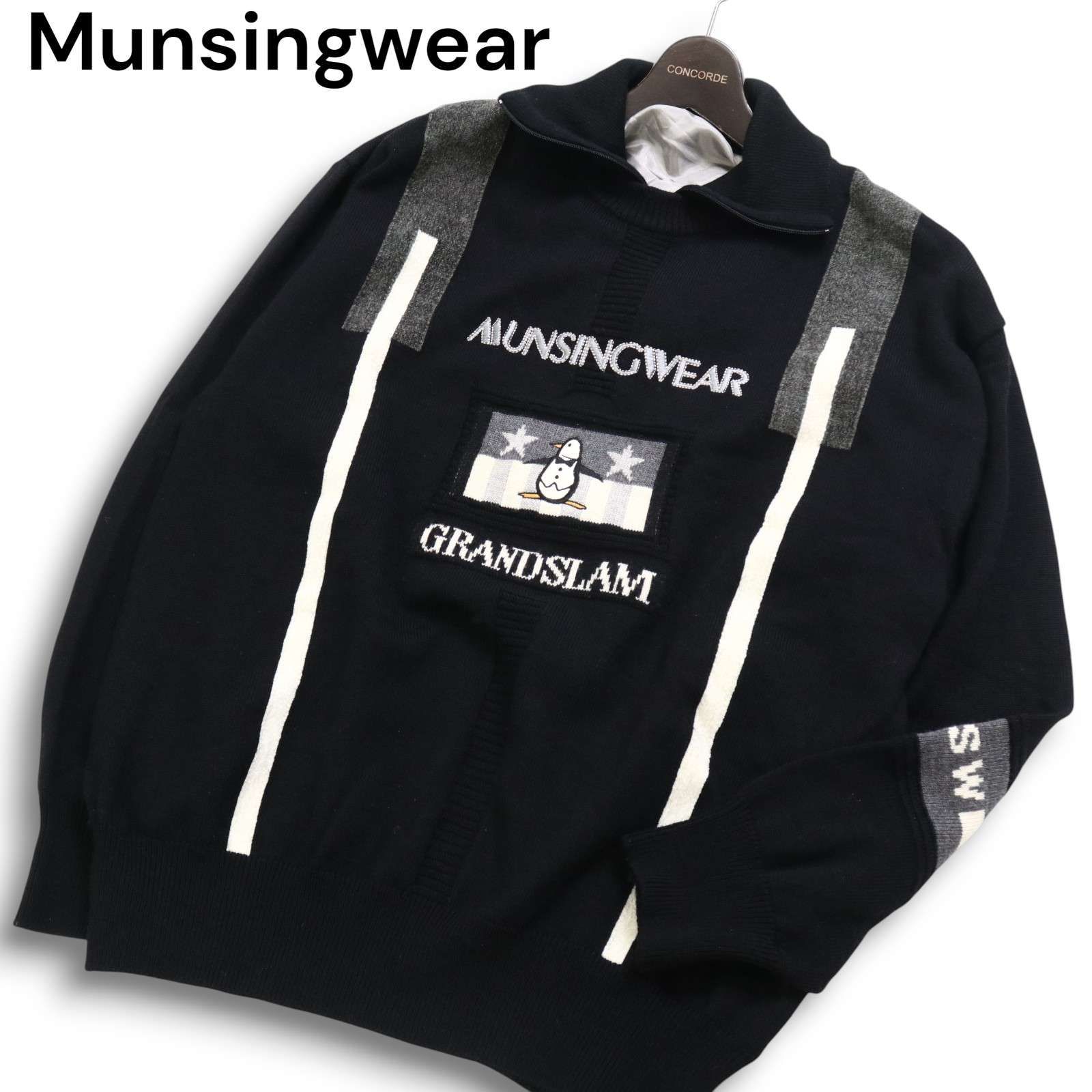 美品 マンシングウェア メンズ ゴルフ セーター ニット Mサイズ 黒 ブラック Munsingwear マンシングウェア ゴルフ 秋冬 ハイネック インナー付き