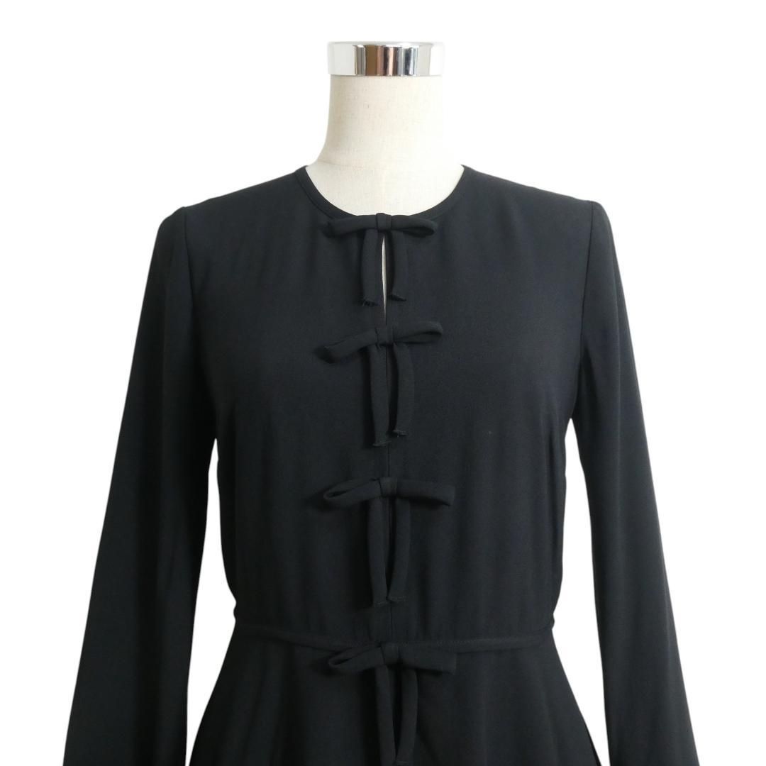 RED レッドヴァレンティノ サイズ40 フ ワンピース ドレス アセテート レーヨン リボン クルーネック 長袖 膝丈 黒 ブラック レディース
