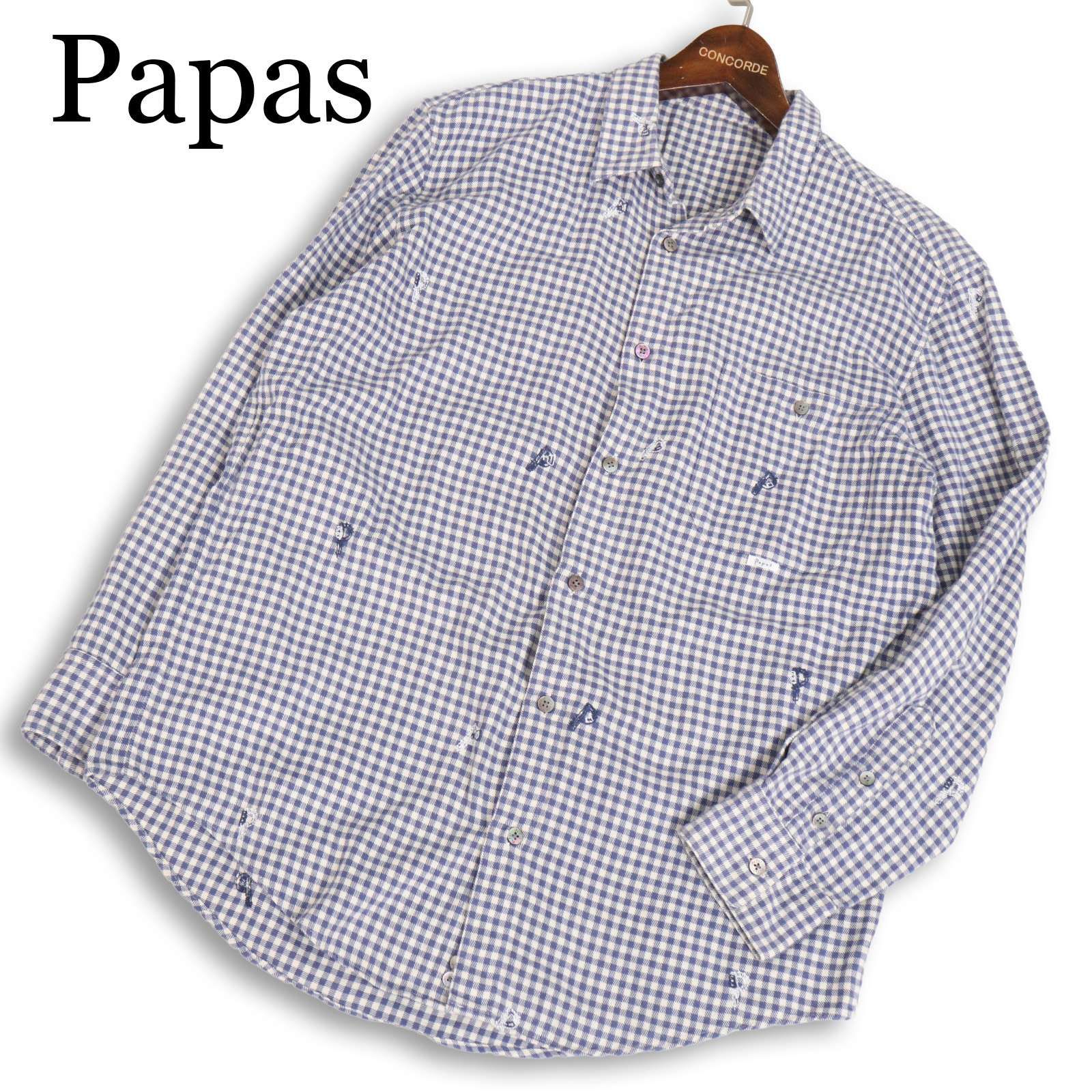 【タグ付き未着用】Papas(パパス）総柄 ネルシャツ L 参考定価￥28000 Papas パパス 秋冬 P刺繍 柄☆ 長袖 ギンガムチェック ネル シャツ Sz