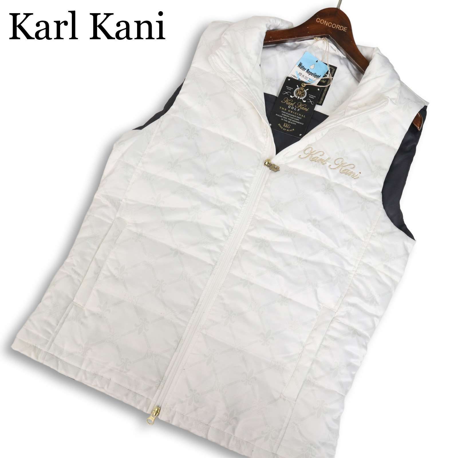 未使用 Karl Kani GOLF カールカナイ ゴルフ 秋冬 ロゴ刺繍 撥水加工 総柄 中綿 ベスト Sz.L　メンズ 白