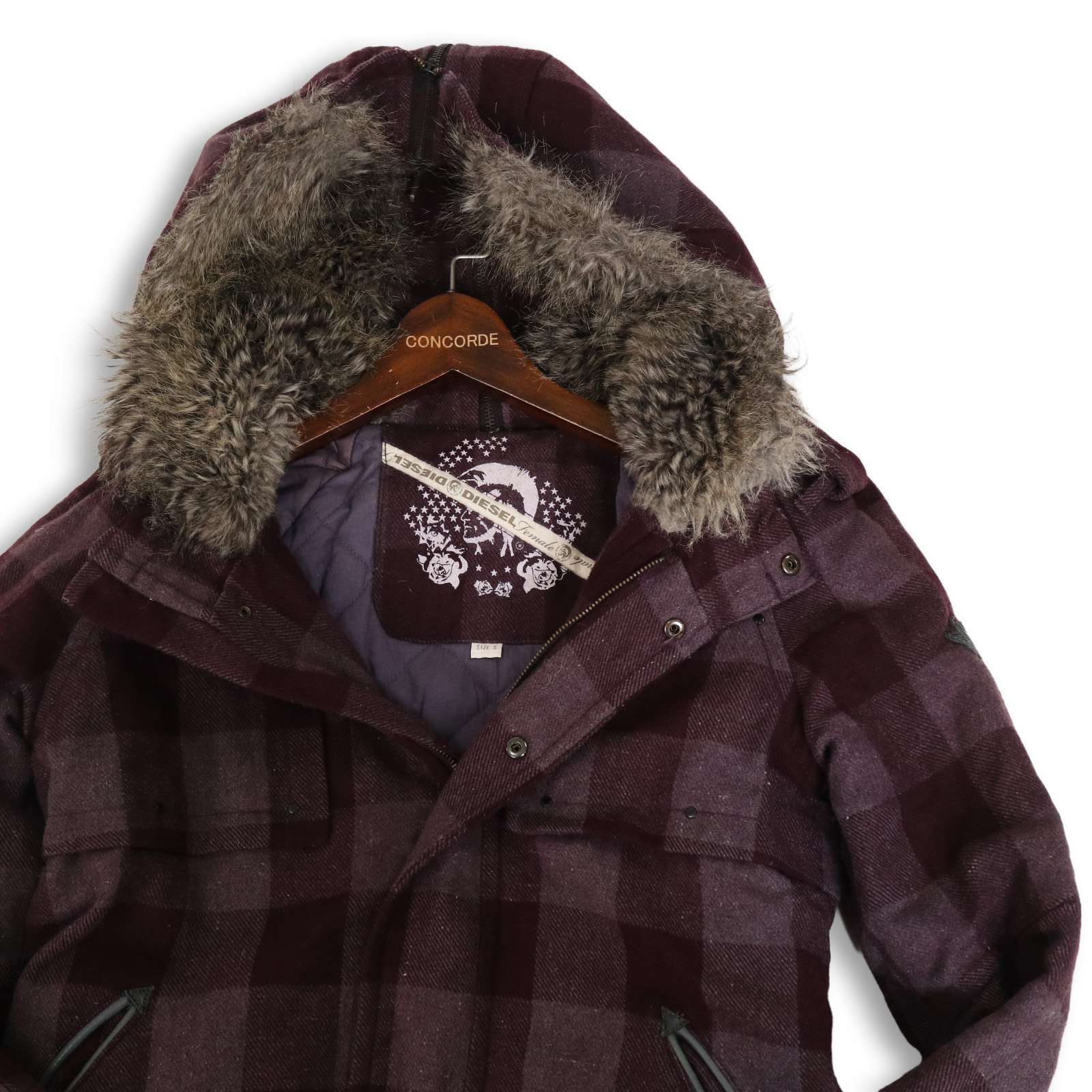 DIESEL ディーゼル 秋冬 ファー★ ブロックチェック ウール ミリタリー ダッフル コート Sz.S　メンズ DIESEL ディーゼル 秋冬 ファー☆ ブロックチェック ウール ミリタリー