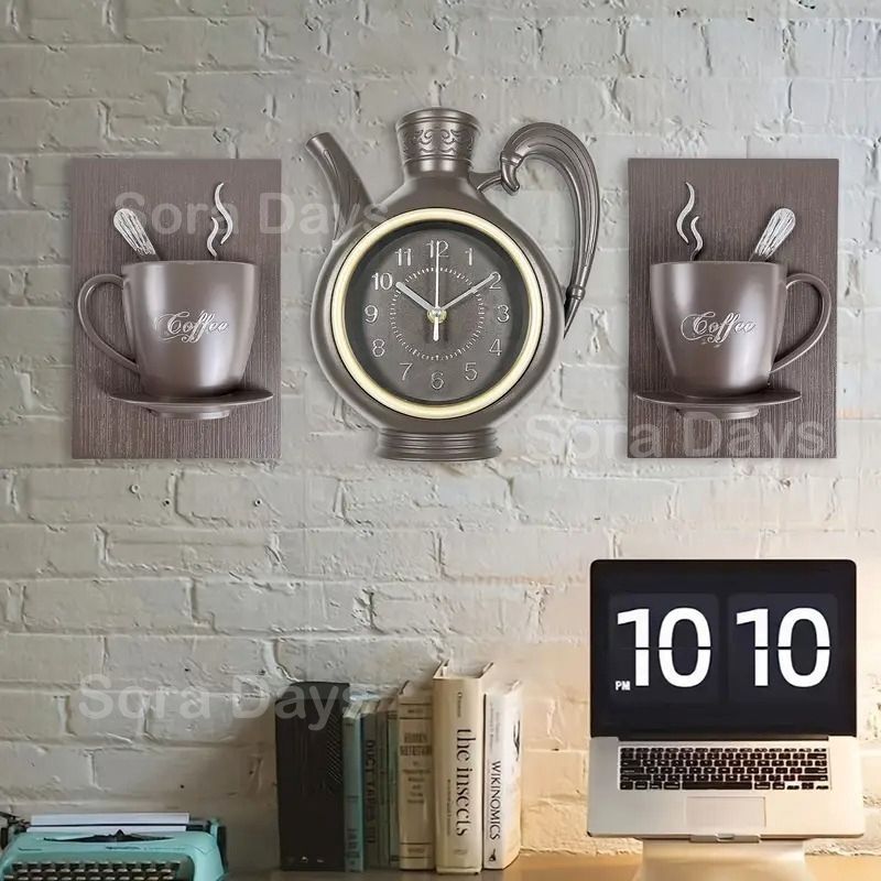掛け時計 セット ケトル コーヒーカップ ポット おしゃれ かわいい シンプル モダン アンティーク風 インテリア 北欧 壁掛け クラシックデザイン リビング 寝室 キッチン オフィス ホームアート 装飾 ギフト 15 4 22 cm 23 26