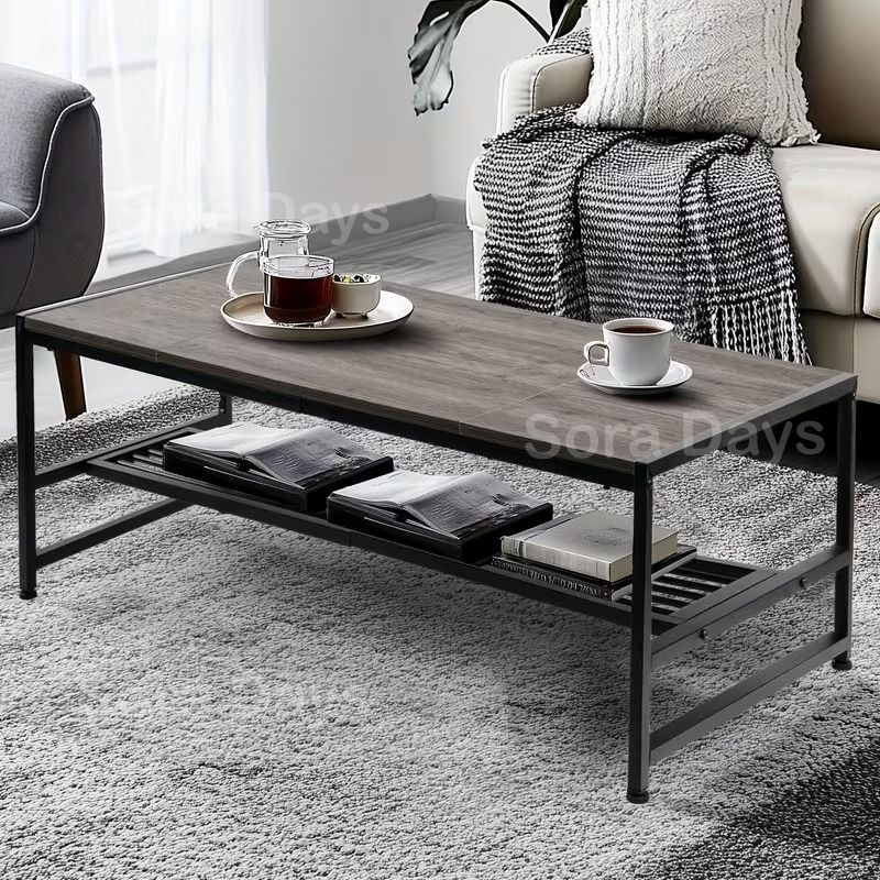 ローテーブル コーヒーテーブル ヴィンテージ風 木目調 可動棚付き モダン シンプル おしゃれ インテリア 北欧 センターテーブル 高さ調節可 横長 グレー系 金属 木製 119 50 38 cm