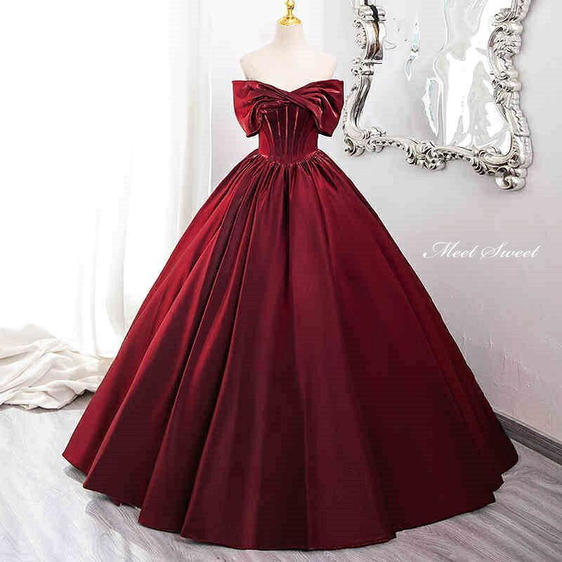 カラードレス パーティードレス ワインレッド オフショルダー サテン ステージドレス 舞台衣装 演奏会用ドレス ウェディングドレス ロングドレス 編み上げ 結婚式 二次会 花嫁 大人 コンクール プリンセスライン Aライン 大きいサイズ ウエディングドレス