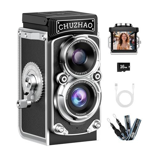 ミニレトロデジタルカメラ ポータブルヴィンテージTLRスタイルオートフォーカスポイントアンドシュートコンパクトトラベル12 MP 1080 Pカメラ 16 GBカード付属 1000 mAhバッテリー ティーンから大人まで初心者向けギフト 日本語取扱 0 e 2536 f 1