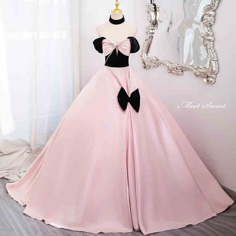 カラードレス パーティードレス ピンク サテン リボン ステージドレスドレス ウェディングドレス ロングドレス 編み上げ 結婚式 花嫁 演奏会 発表会 大人 コンクール 成人式 卒業式 可愛い プリンセスライン Aライン 大きいサイズ ウエディングドレス