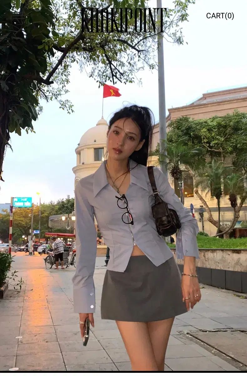 カーキポイント ジップアップシャツ ミニスカート セット