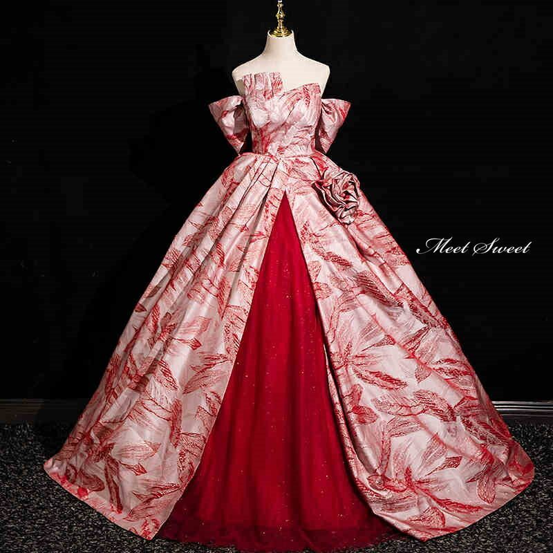 カラードレス ドレス レッド 赤 オフショルダー リーフ柄 ウェディングドレス 花嫁 演奏会 発表会 ロングドレス 編み上げ 大人 コンクール ステージ衣装 プリンセスライン Aライン 大きいサイズ パーティードレス ステージドレス ウエディングドレス