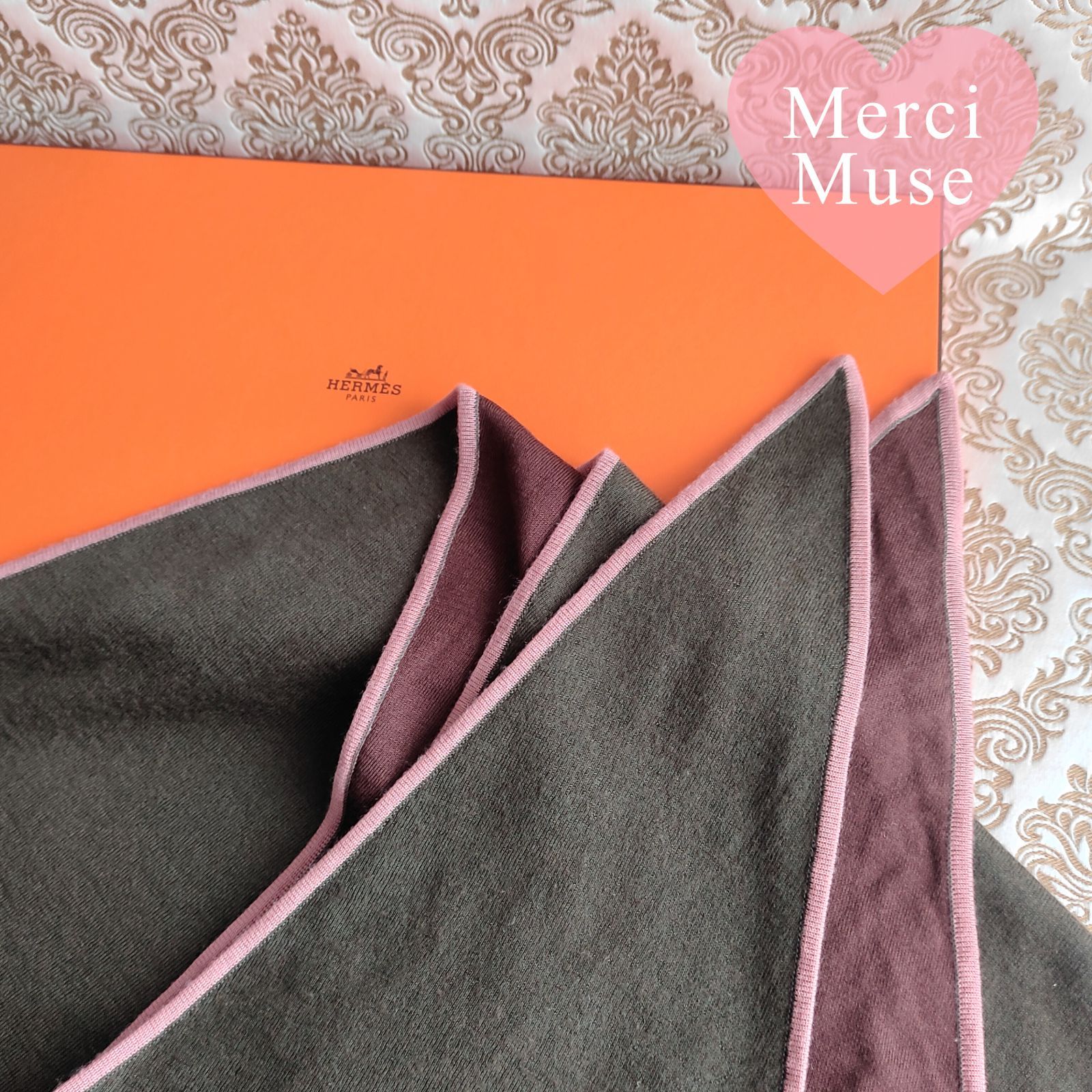 なお品 クリーニング済み カシミヤシルクロサンジュ 菱形 カーキｘブラウン エルメス MerciMuse メルシーミューズ