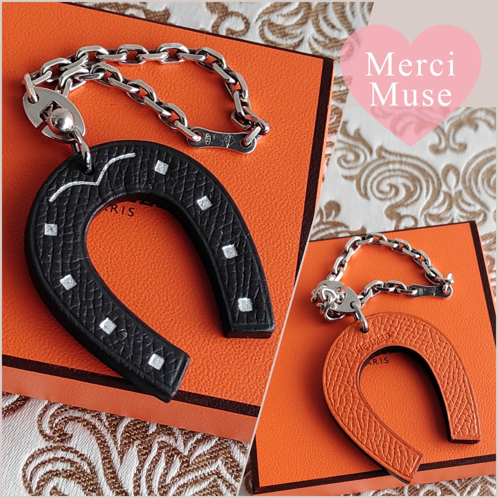 HERMES 馬蹄型チャーム オレンジ ブラック ❤お得なお品❤馬蹄チャーム ブラックxオレンジ エルメス バッグ