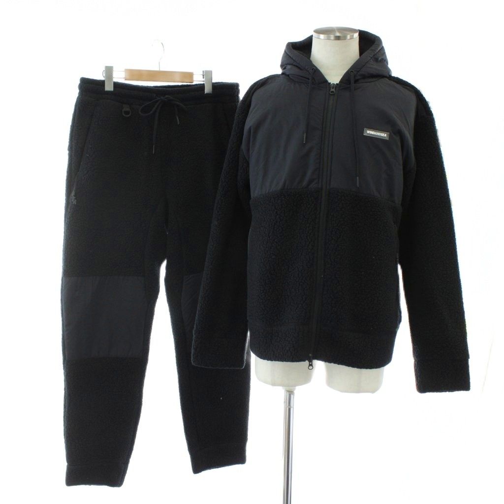 【中古】WIND AND SEA セットアップ フリースジャケット パーカー ジップアップ パンツ イージー ボア ロゴ L XL 黒 ウィンダンシー WIND AND SEA セットアップ 上下 フリースジャケット