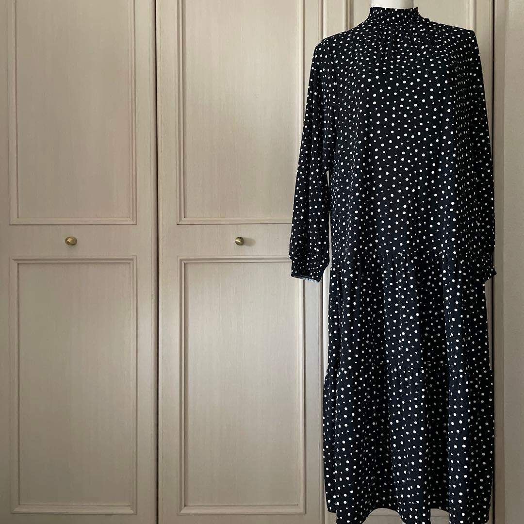 48 PUPULA ププラ ハイネック 水玉 ドット ロング ティアード ワンピース お呼ばれ デート オフィスカジュアル 食事会 可愛い お出かけ 上品