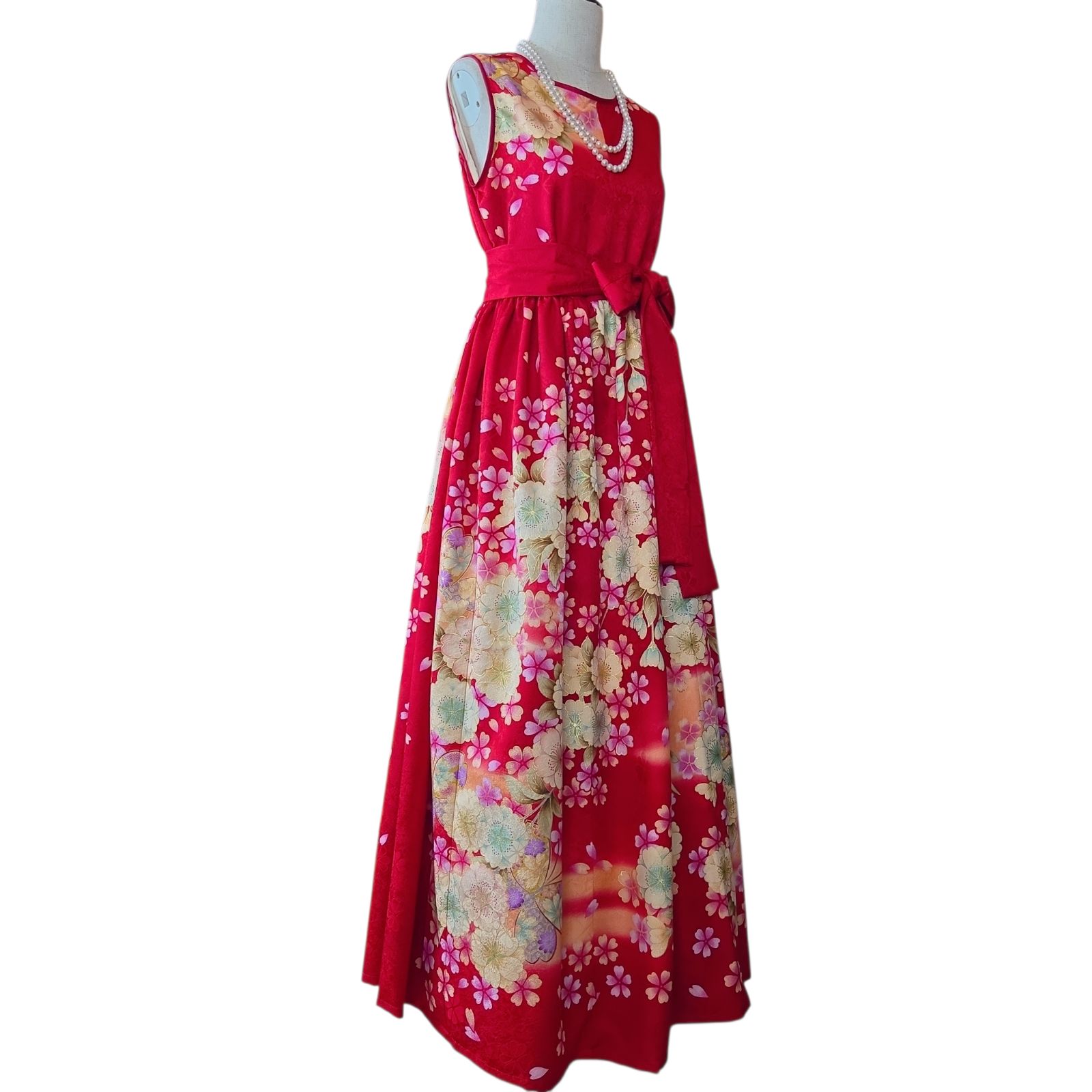 着物リメイク　ギャザー　ワンピース　振袖　ドレス　ロング　フレア　螺鈿　金銀彩 ❦Kaena❦ 着物リメイク ロング ワンピース 振袖 ギャザー フレア