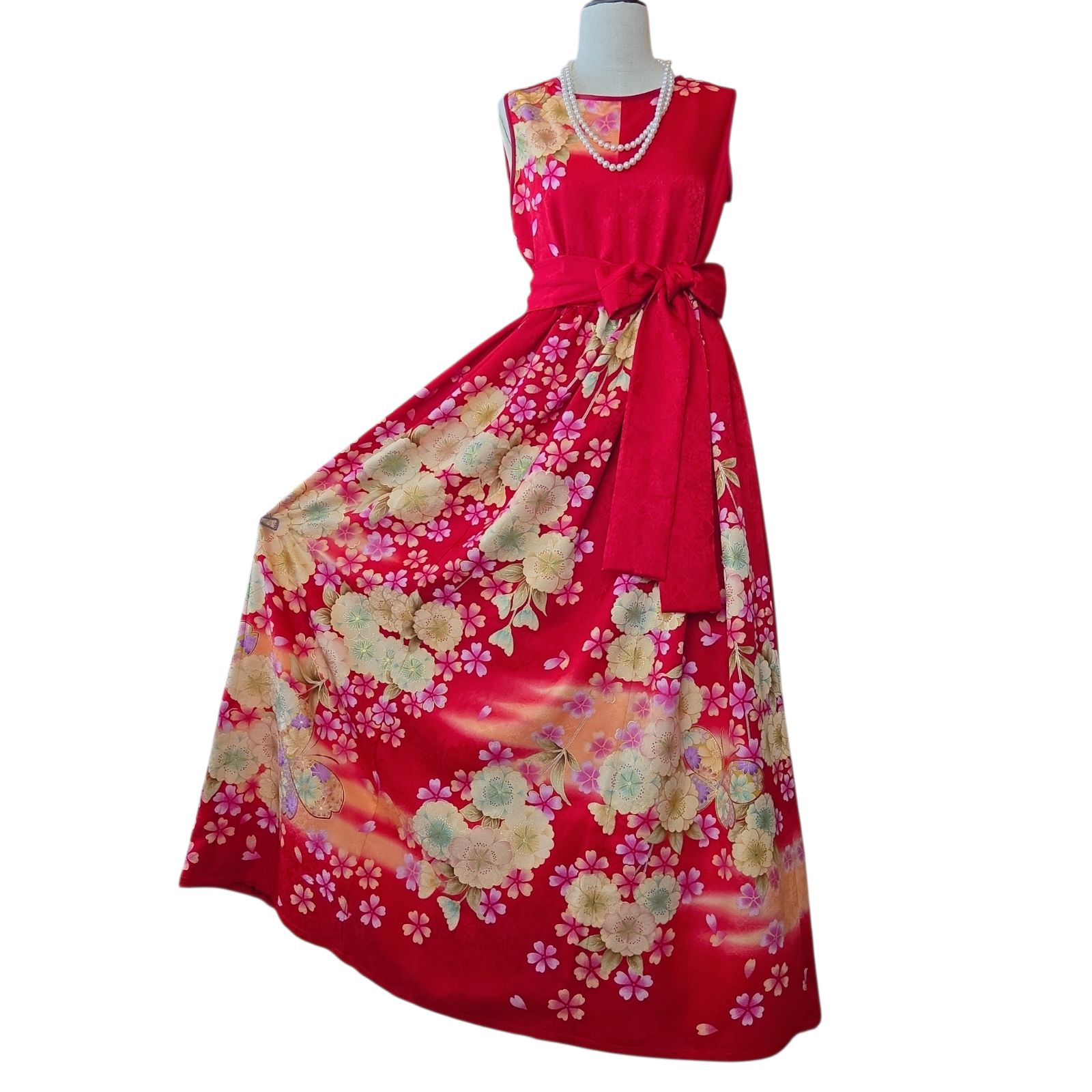 ❦Kaena❦ 着物リメイク ロング ワンピース 振袖 ギャザー フレア