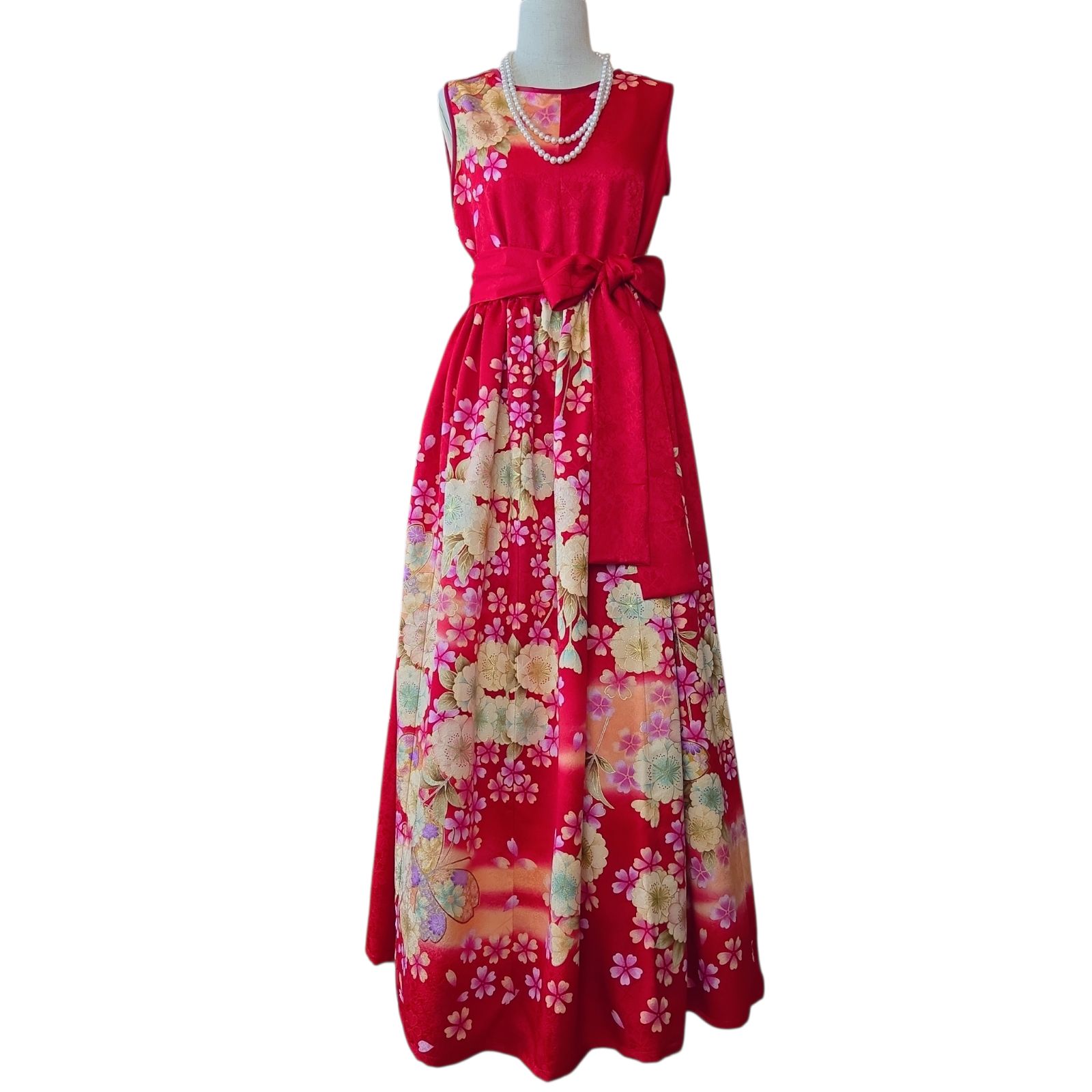 ❦Kaena❦ 着物リメイク ロング ワンピース 振袖 ギャザー フレア