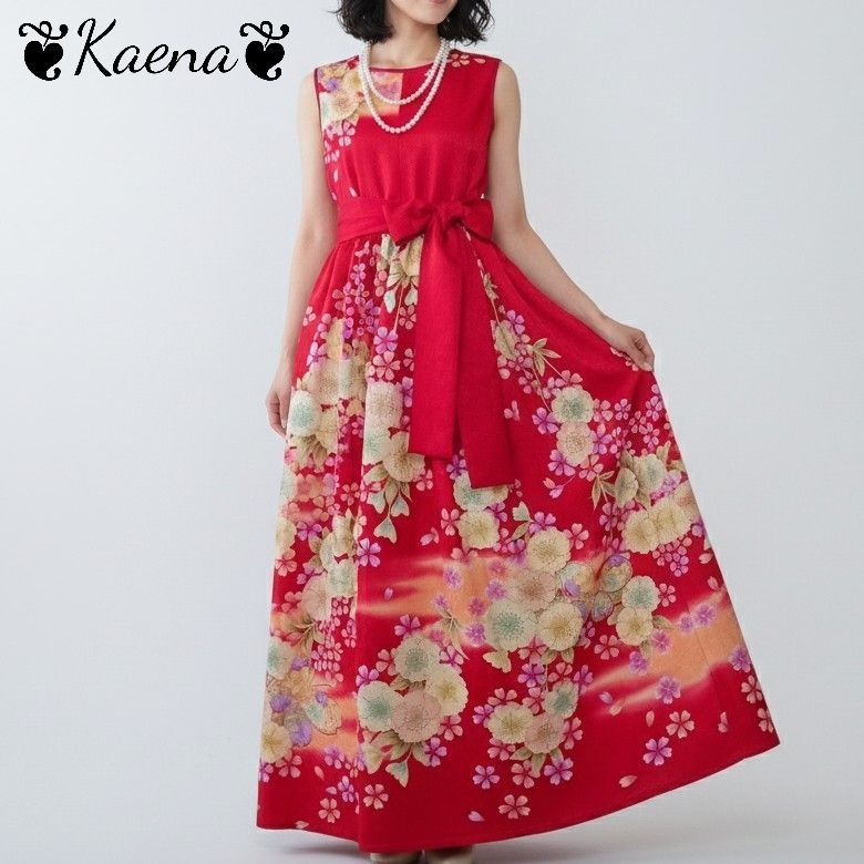 ❦Kaena❦ 着物リメイク ロング ワンピース 振袖 ギャザー フレア