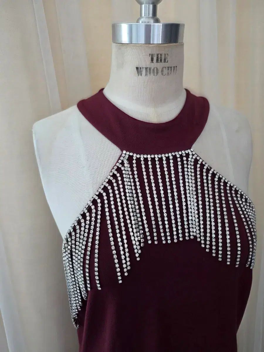 MICHAEL KORS マイケルコース バーガンディ ホルターネック キュービック ミニ ONE PIECE LINEストーン ダンス衣装