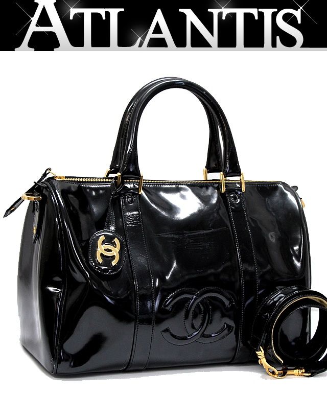 シャネル CHANEL ココマーク ボストンバッグ トラベルバッグ 2 WAY パテント 黒 3番台 70384