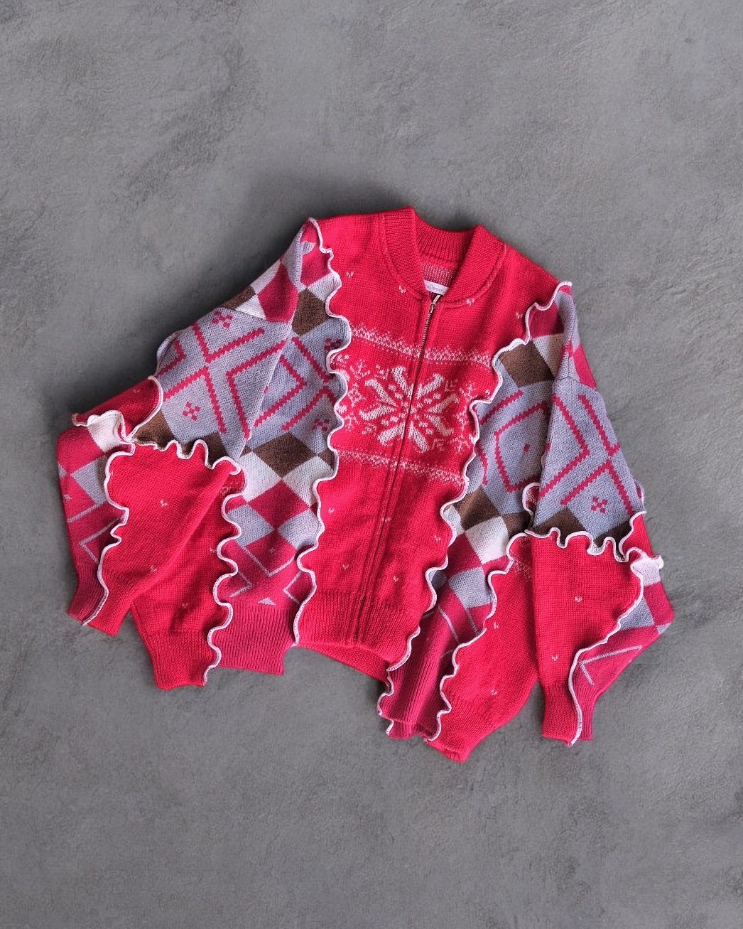 mellow remake full pattern zip up cardigan 一点物 リメイク 古着 メロウ パッチワーク 総柄 ジップアップ ウール カーディガン