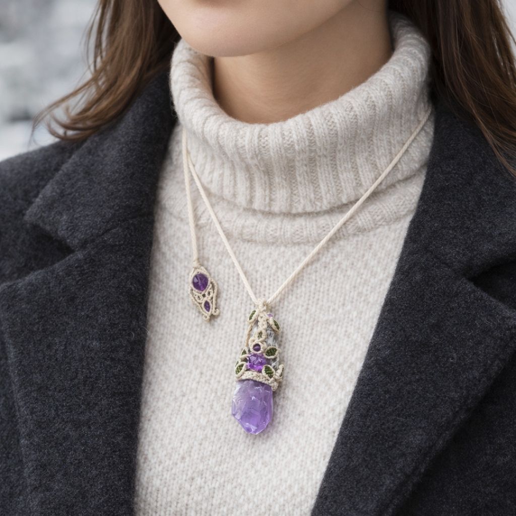 アメジスト ダガーポイント 紫薔薇マクラメ編ネックレス