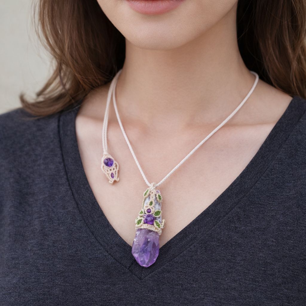 ダガーポイント 紫薔薇マクラメ編ネックレス