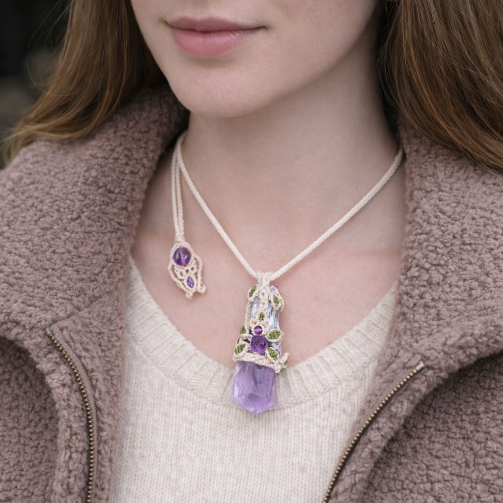 アメジスト ダガーポイント 紫薔薇マクラメ編ネックレス ネックレス ペンダント アクセサリー