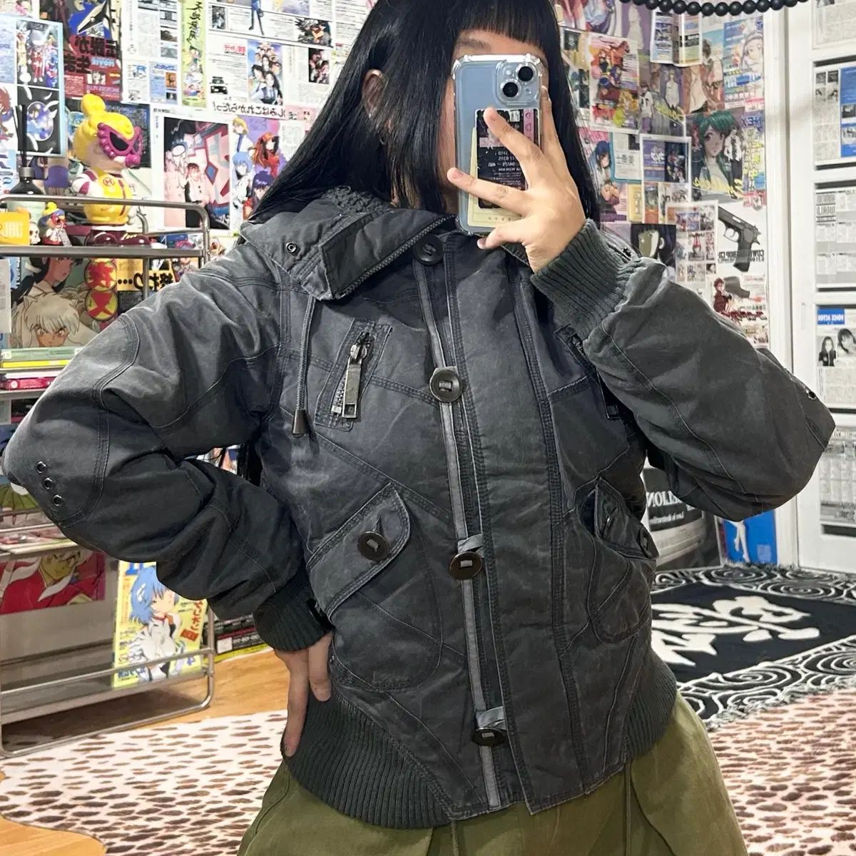 ヴィンテージ ウォッシュ チャコール MA 1 パデッド キルティング ハイネック アウター