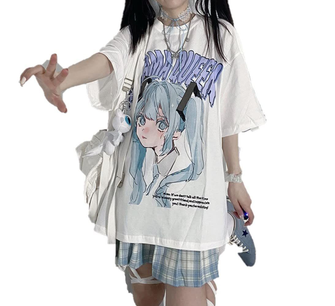 大きいサイズ カットソー 原宿系 チュニック プリント アニメ XL 体型カバー ゆったり 半袖 レディース 量産系 ホワイト 地雷系 病みかわいい Tシャツ RioSole
