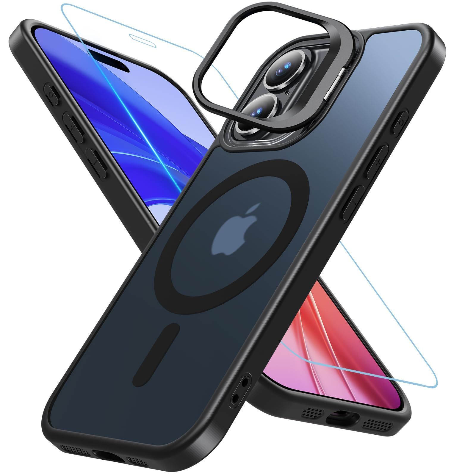 16 スマホカバー iphone マグネット搭載 耐久性 耐衝撃 マグセーフ対応 米軍MIL規格 指紋防止 黄ばみなし ストラップホール 半透明 ケース 縦横両対応 6 1インチ ガラスフィルム付き