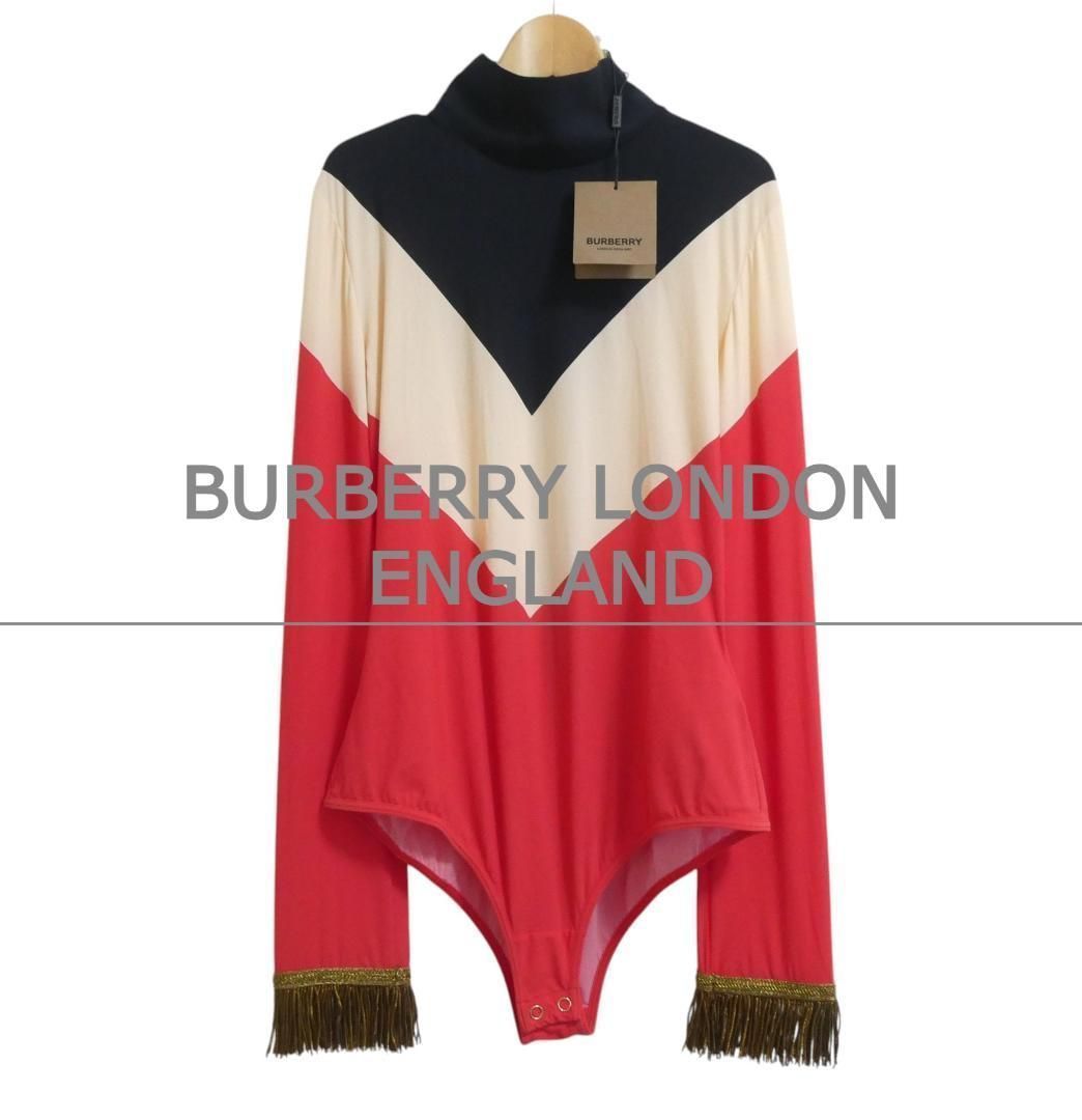 ♥ BURBERRY LONDON ENGLAND バーバリー サイズL リカルド期 フリンジ モックネック スナップクロッチ ジオメトリック ボディスーツ ブラウス シャツ トップス マルチカラー レディース