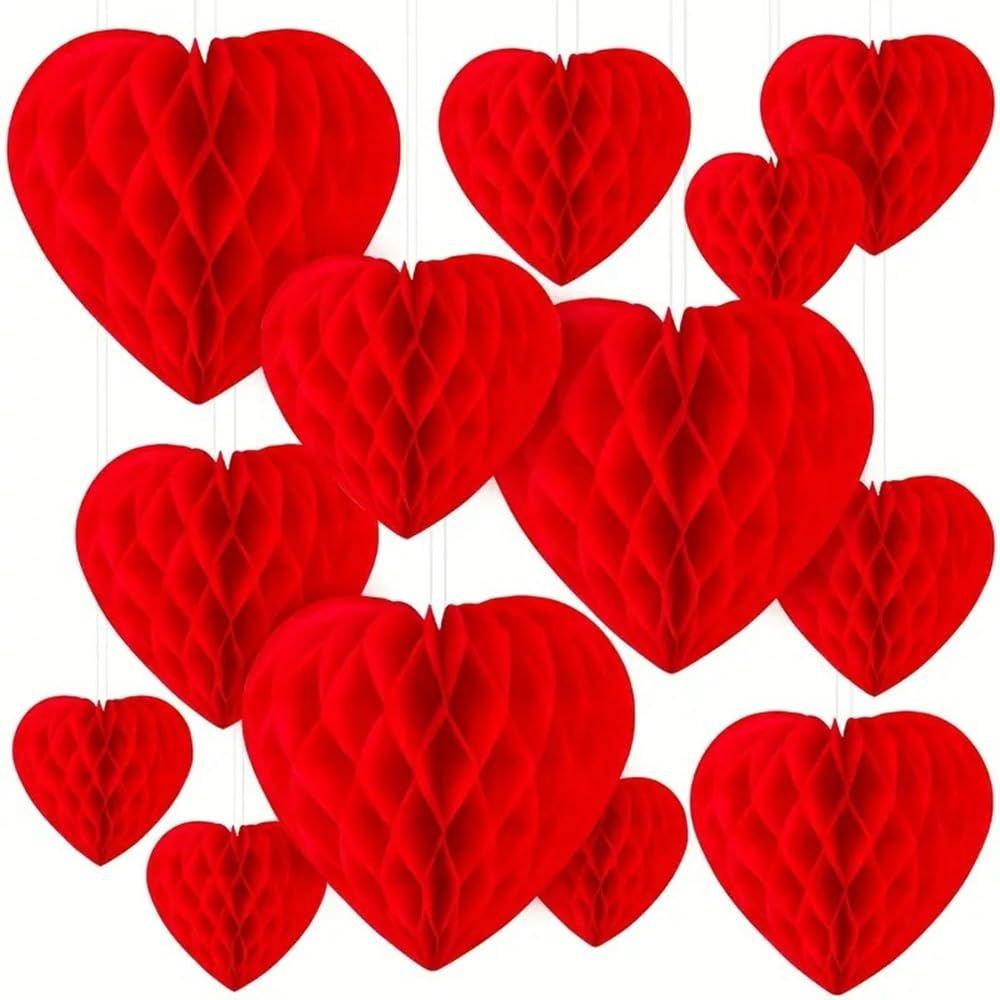 まもなく終了 飾り ハニカムボール セット ハート型 バレンタイン 吊り下げ飾り 紙製 レッド ポンポン 天井掛け 装飾 DIFEIUKI バレンタインデー ハンギングデコレーション ブライダルシャワー ウェディングパーティー 写真背景