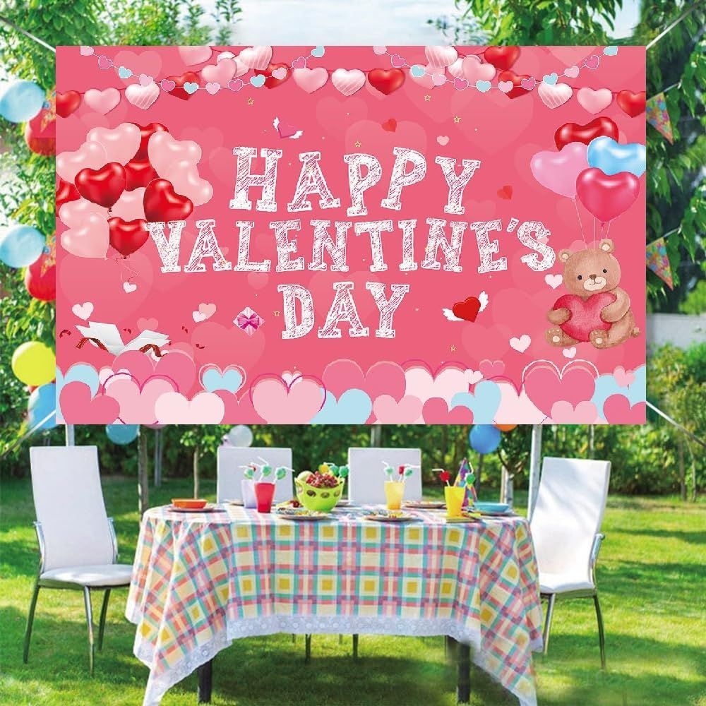 まもなく終了 ロマンチック 背景布 ハート風船 かわいい熊 吊り布 背景バナー バレンタインデコレーション お店 バレンタインデー飾り 愛の告白 結婚式 プロポーズ 記念日 装飾用 品180 110 cm