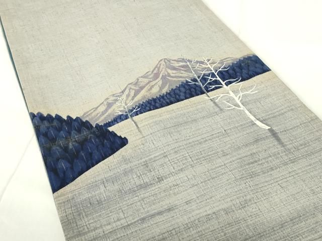 平和屋着物◎太鼓柄袋帯 作家物 手描き 紬地 風景文 金彩 正絹 逸品