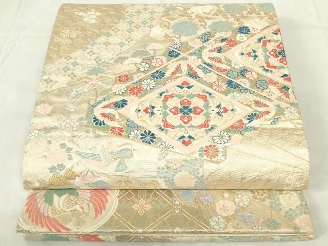 平和屋着物◎六通柄袋帯 舞扇有職文 鶴 銀糸 正絹 逸品 DAAZ9506qp