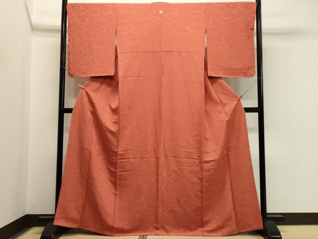 平和屋着物□上質な色無地 流線地紋 鉛丹色 正絹 逸品 未使用