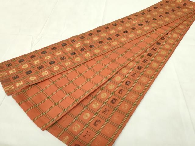 平和屋着物◎本場筑前博多織 両面 半幅帯 格子柄 正絹 逸品 DABA5562qp