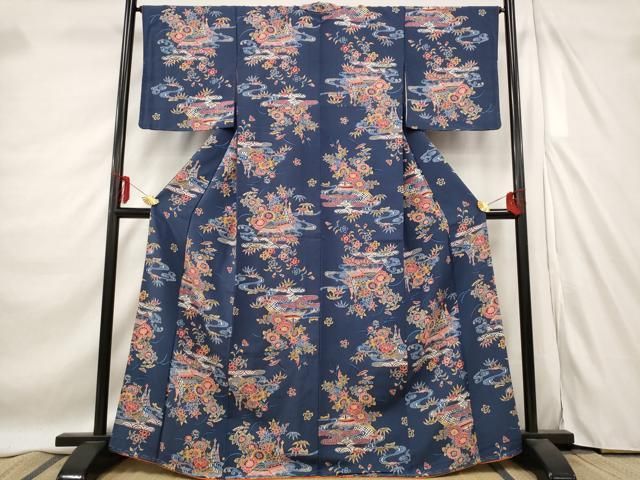 平和屋着物□上質な小紋 型染め エ霞み風景花文 正絹 逸品 未使用