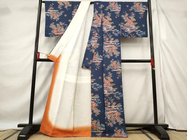 平和屋着物□上質な小紋 型染め エ霞み風景花文 正絹 逸品 未使用