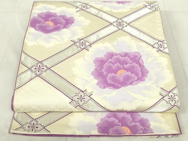 平和屋着物◎六通柄袋帯 唐織 天井牡丹文 銀糸 正絹 逸品 DABA5592qp