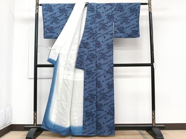 平和屋着物□上質な小紋 型染め 藍 流水花文 鬼しぼ縮緬 正絹 逸品